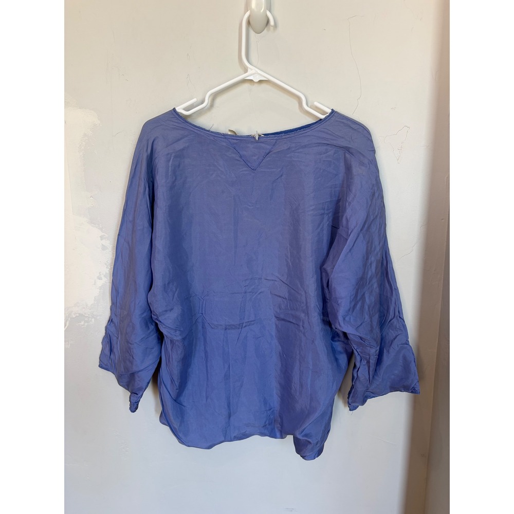 Indigo Silk Blouse Blue 3/4 Sleeve Boat Neck Oversized Cotton Lined Top Large